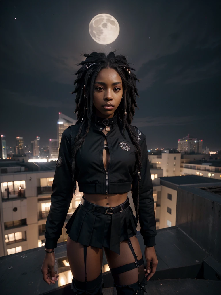 8k, RAW photo, best quality, ultra high resolution, photorealistic, realistic photo of skinny ebony girl fitness model, (ciara harris), (skinny ebony girl, 20 years old girl, most beautiful ebony girl in the world, slim face, dark skin, black hair, (dreadlocks hair), ((dreadlocks))), on the roof top at night, roof top of the scyscraper, (panoramic view of the futuristic city on the background), at night, stars, bright moon light, (full body picture), ((seductively standing pose)), (wearing: (black collar, black punk jacket, black pleated skirt, black thigh highs)), ((looking at viewer)), fierce look, seductive, High Detail, Sharp focus, (bright light)
