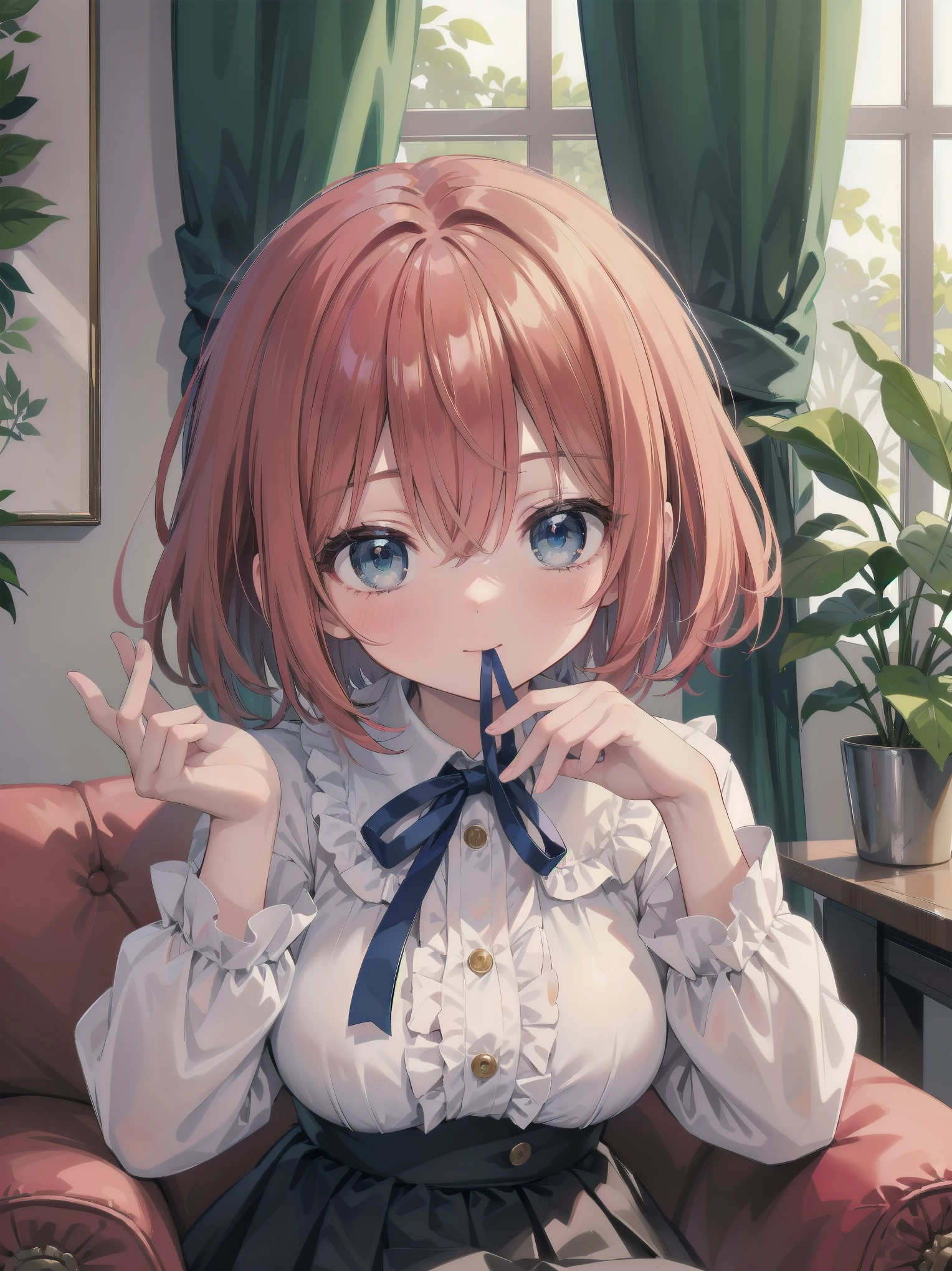 Scene Description: - Composition: Portrait. Focus on the face. Shot from the front. - Subject: Cute girl. (Chibi:1.1). Real person. - Features: - Face: (Cute round face:1.2). - Eyes: Detailed dark blue eyes. - Hair: One-leg bob-cut hair down the front with a large ribbon hairpiece, (golden hair), (red inner hair), auburn hair, hair between the eyes. - Body: Detailed slender body. Large breasts. - Clothing: Pink ruffled blouse, flares, blue ribbon tie, long ruffled sleeves, layered skirt. - Expression: happy expression. Mouth open. - Pose: head tilted back. She is looking at the viewer. - Background: living room of a trendy café. - Elements: Houseplants. Cute pastel sofa. Cute pastel curtains. Cute pastel-colored wallpaper. Time: Daytime. Lighting: (Natural light: 1.4). Art Style: Watercolor. Traditional media. Quality: Intricate details. Highly detailed. Outstanding complexity. (Masterpiece: 1.2). (Highest quality: 1.2). (Absurd absolute resolution: 1.4). Mood: Calm,
