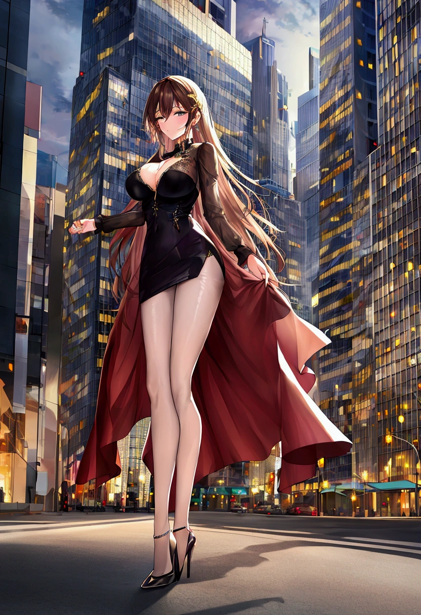 Woman with long legs in high heels standing in a city with miniskirt and transparent blouse