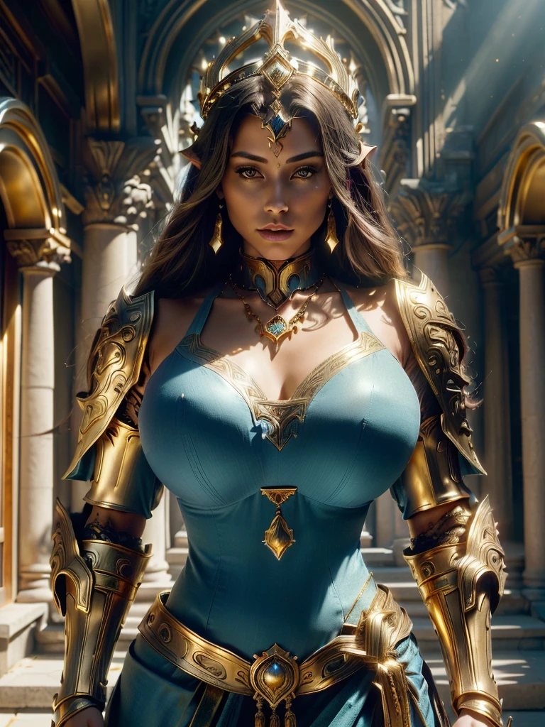 Realistic cinematic image shadows. in the courtyard. of the kingdom. There is an elven woman, with a crown, wearing a necklace around her neck, very round breasts, gold ornaments, ((sexy fir neckline showing large volume of round breasts in a blue metal armor, large gold ornaments. golden edges, hip)) reflecting the sunlight. Facing me looking at me