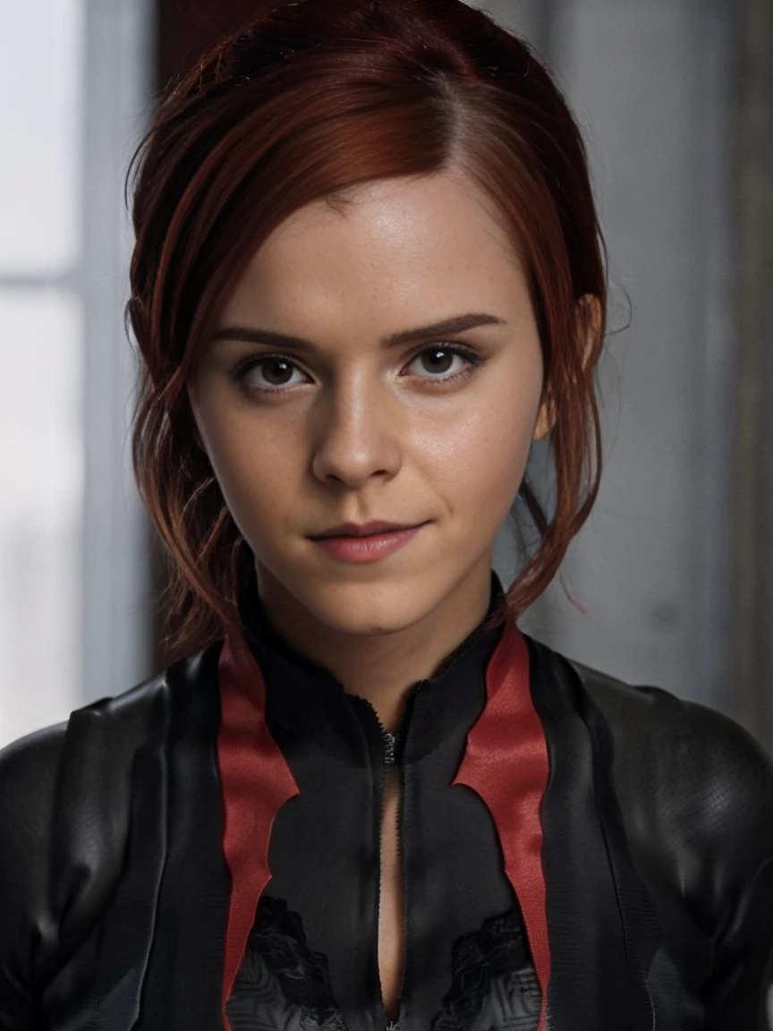 ((emma watson)) in a sexy look. hairstyle red hair ((Suit black widow)),
