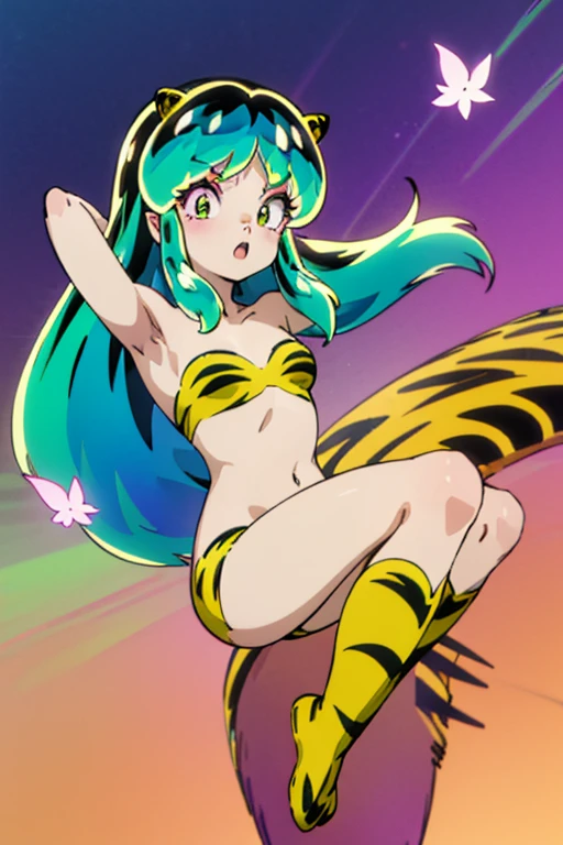 Urusei Yatsura、アグネス・Ram、bikini、(bikiniは虎柄).Small Corner、Eyeshadow Green、虎柄bikini、(It has small yellow horns on its head).Long Hair、No tiger ears needed、((Both arms、Tiger pattern arm cover)).(Tiger print boots)、Demon Horn、Drooping eyes、8k、(Double teeth).(Green eyes).(Urusei Yatsura).(Ram)、((No tiger ears)).((Small horn))