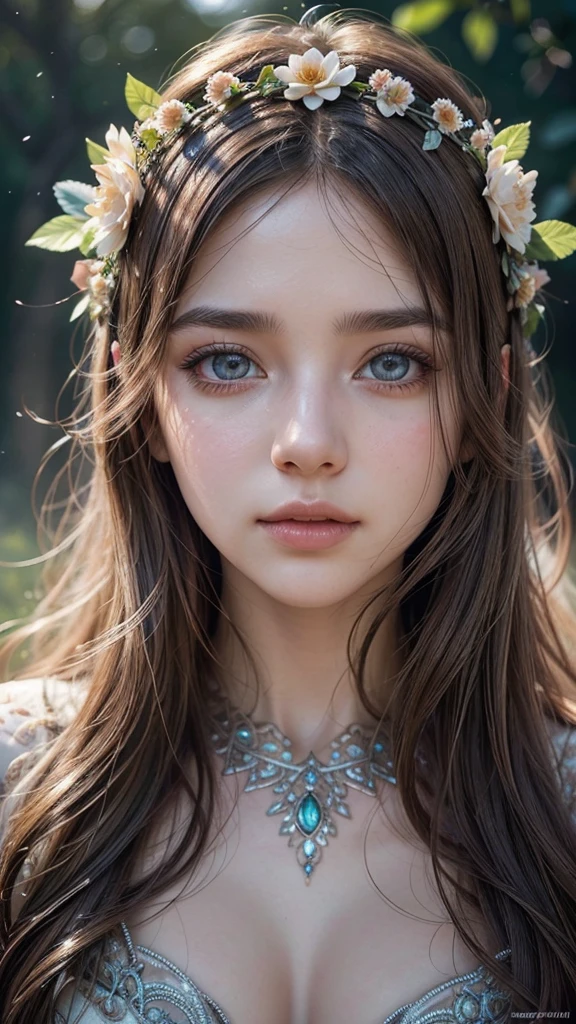 a girl with beautiful detailed eyes, beautiful detailed lips, extremely detailed face and expression, long eyelashes, intricate floral crown, graceful pose, floating in a mystical ethereal landscape, glowing warm sunlight, vibrant colors, cinematic lighting, digital art, concept art, octane render, photorealistic, 8k, best quality, masterpiece