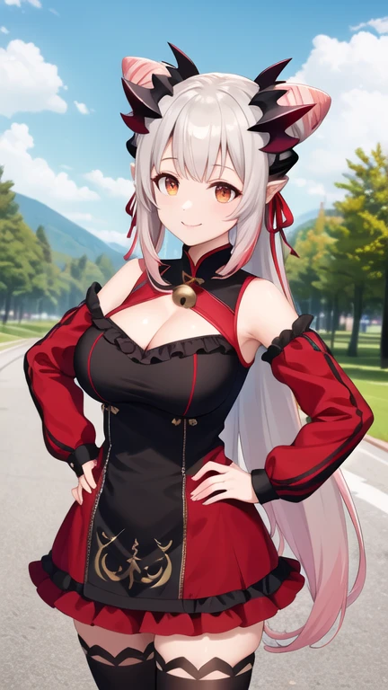 masterpiece, best quality, highres, aapatra, long hair, multicolored hair, horns, cone hair bun, hair ribbon, pointy ears, large breasts, bell, bare shoulders, cleavage cutout, frills, black dress, detached sleeves, red sleeves, long sleeves, white thighhighs, standing, outdoors, hand on hip, smile, cowboy shot,