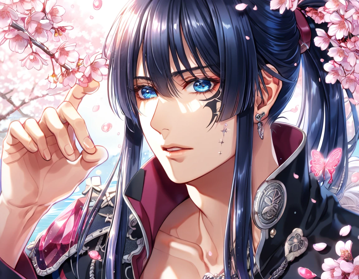 absurdres, highres, ultra detailed, HDR, master piece, best quality, extremely detailed, Kanda Yuu, dark blue hair, hair tied in a ponytail, expressive blue eyes, D.Gray-man, solo, sexy man, handsome, sensual, black coat, magical, sparkling, pink glittering fireflies, pink ice, pink ice butterflies, pink ice petals, pink ice cherry blossoms, pink crystal