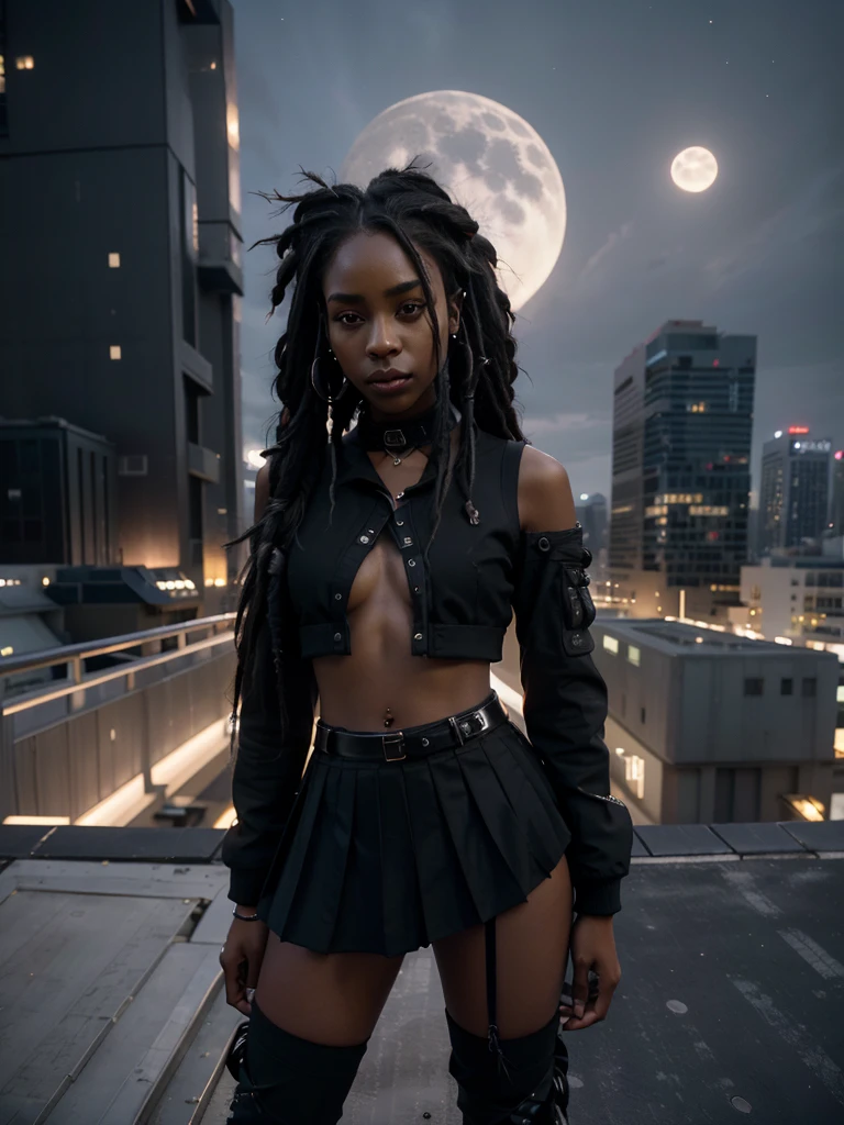 8k, RAW photo, best quality, ultra high resolution, photorealistic, realistic photo of skinny ebony girl fitness model, (ciara harris), (skinny ebony girl, 20 years old girl, most beautiful ebony girl in the world, slim face, dark skin, black hair, (dreadlocks hair), ((dreadlocks))), on the roof top at night, roof top of the scyscraper, (panoramic view of the futuristic city on the background), at night, stars, bright moon light, (full body picture), ((seductively standing pose)), (wearing: (black collar, black punk jacket, black pleated skirt, black thigh highs)), ((looking at viewer)), look, seductive, High Detail, Sharp focus, (bright light)