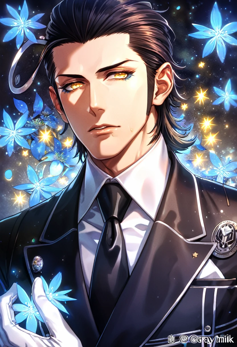 absurdres, highres, ultra detailed, HDR, master piece, Tiky Mikk, wavy dark hair, slicked back hair, expressive yellow eyes, black jacket, white shirt, black necktie, white gloves, black gentlemen hat, D.Gray-Man, sexy man, handsome, best quality, blue flowers, fantasy, solo, blue shining fireflies, blue petals, sensual, starry sky, shining, blue blossoms