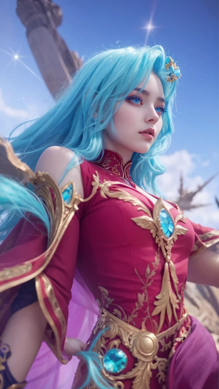 Realistic, High Quality.
Blue hair girl, European Girl, 22 years old, very beautiful girl, alluring, Downturned eyes, red dress, astral vibe. Gaze away.