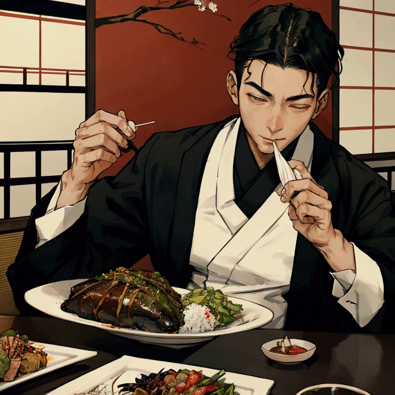 boy eating in japanese restaurant