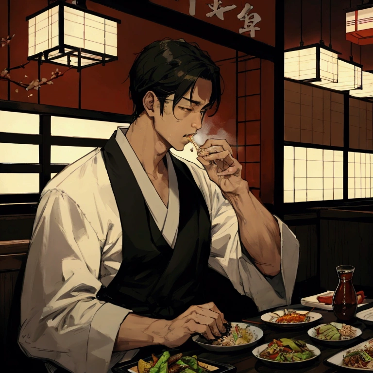 boy eating in japanese restaurant