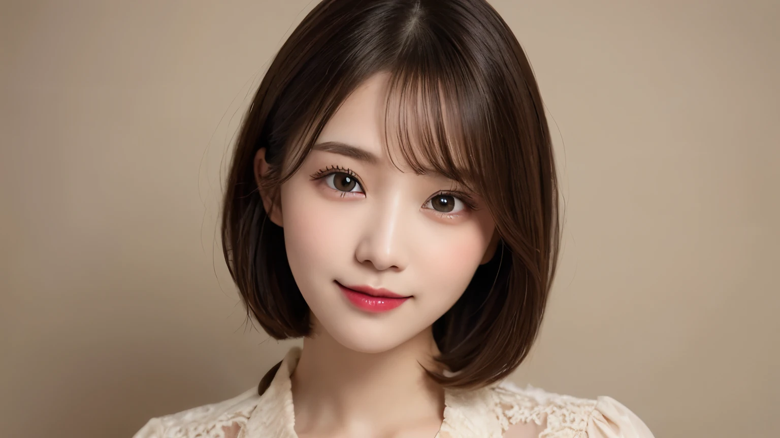 white background, bust up photo, Shows everything from the top of the head to the bust, looks happy, highest quality, shape, Super detailed, finely, High resolution, 8k wallpaper, Perfect dynamic shape, beautiful and detailed eyes, D cup, natural color lip,smile、20 year old girl, Beautiful and dense face、perfect and beautiful face,Big eyes、real photos(best image quality), blouse (beige)、looking at camera、Please stand、Do gal makeup