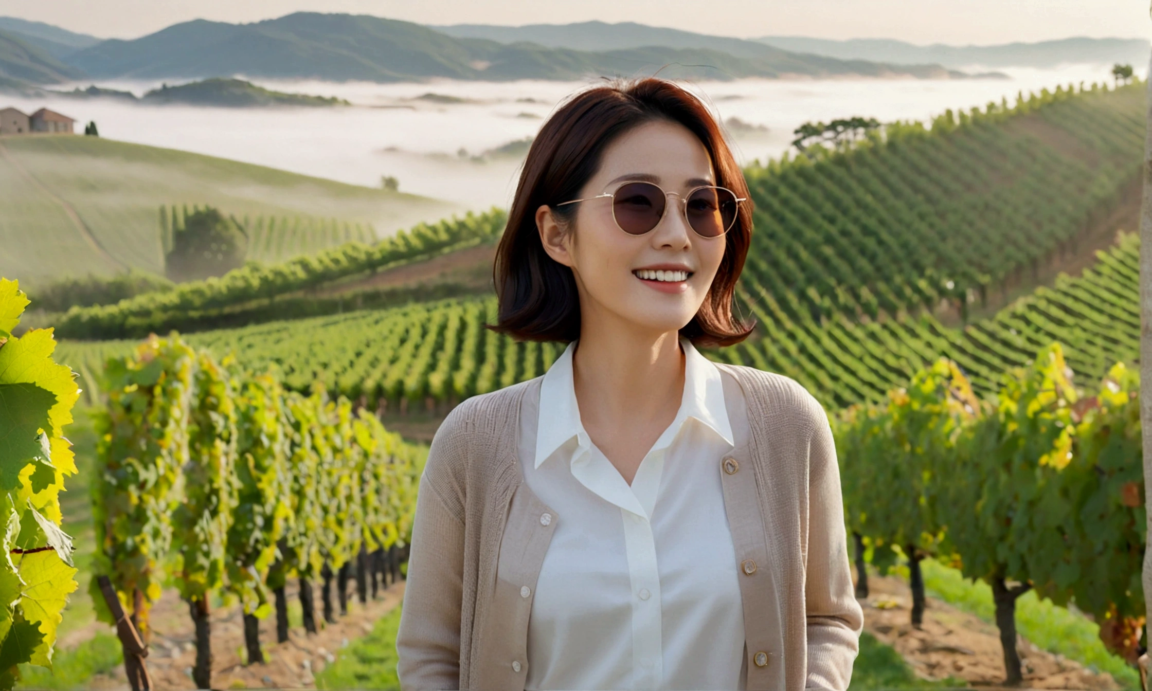 Intentional quality, In 8K, 32K, Photo of a beautiful 36-year-old Korean woman, short medium hair, Inspired by Son Ye-jin, whole body, face focus, Shirt that goes up to the neck and a short cardigan from a luxury brand, beige casual pants, Italian countryside vineyard background, Ranged、make a happy face, 새벽 진한 한개속 The cathedral is visible in the distance, There is thick fog, path, looking up the side, Wear a shirt that covers your chest, The cathedral is visible in the distance, Photo of endless vineyard scenery, look up the side. thick dawn fog, Well-groomed hair, Photo of an elegant and modest woman, Endless vineyards, Vivid picture quality, Clear picture quality, 언덕 위 path, 1 woman, colonnade가 있는 휘어진 path 언덕에서 바라본다. colonnade, The waist area is visible. 휘어진 path에 서있다, colonnade가 있는 어덕길에 서있다. Luxury brand large horn rimmed sunglasses, Sunglasses details, Sunglasses are the same size on both sides, Looking down on the vineyard from the hill, The cathedral is visible in the distance