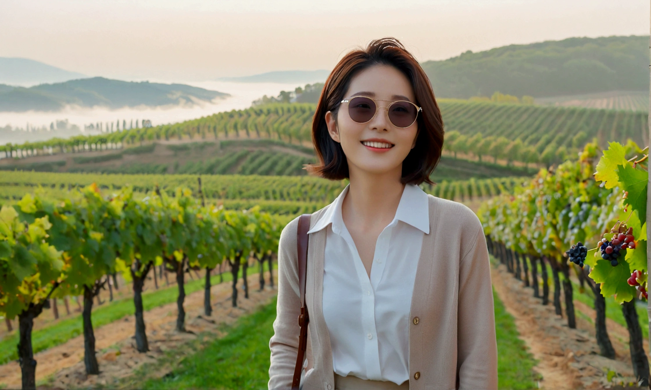 Intentional quality, In 8K, 32K, Photo of a beautiful 36-year-old Korean woman, short medium hair, Inspired by Son Ye-jin, whole body, face focus, Shirt that goes up to the neck and a short cardigan from a luxury brand, beige casual pants, Italian countryside vineyard background, Ranged、make a happy face, 새벽 진한 한개속 The cathedral is visible in the distance, There is thick fog, path, looking up the side, Wear a shirt that covers your chest, The cathedral is visible in the distance, Photo of endless vineyard scenery, look up the side. thick dawn fog, Well-groomed hair, Photo of an elegant and modest woman, Endless vineyards, Vivid picture quality, Clear picture quality, 언덕 위 path, 1 woman, colonnade가 있는 휘어진 path 언덕에서 바라본다. colonnade, The waist area is visible. 휘어진 path에 서있다, colonnade가 있는 어덕길에 서있다. Luxury brand large horn rimmed sunglasses, Sunglasses details, Sunglasses are the same size on both sides, Looking down on the vineyard from the hill, The cathedral is visible in the distance