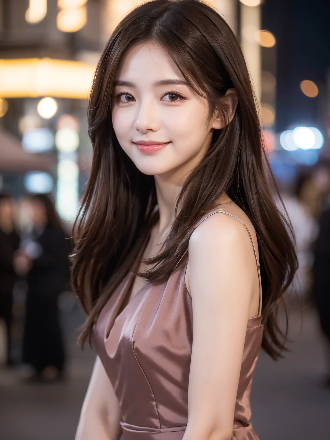 ((best quality, 8k, masterpiece :1.3)), 1 girl, smiling, whole body, face slimming, pretty Woman, (Dark brown hair), full length dress :1.1, Super detailed faces, delicate eyes, double eyelids, blurred background, face slimming, City, external, street,
