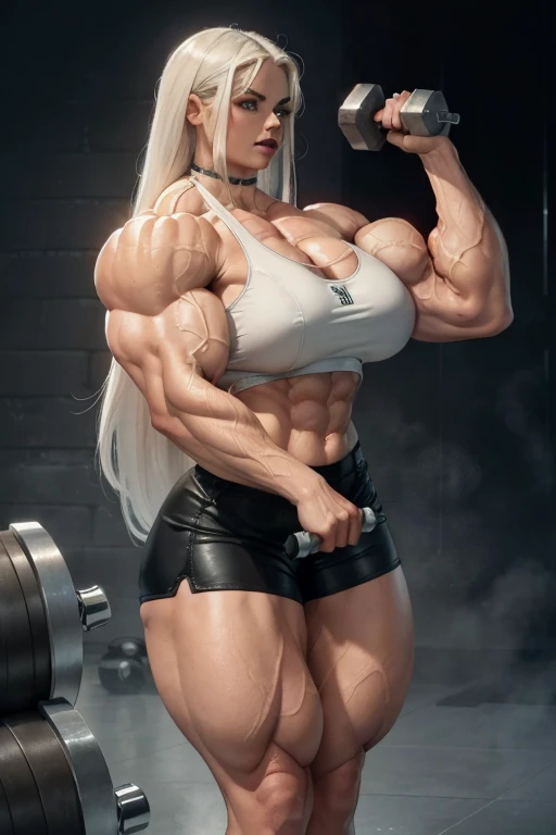 ((Close-up)), tall, (White hair) beautiful sweaty muscular woman, long straight hair, light brown skinned, closed smile, (black lipstick), ((massive muscles)), (hyper muscle), (ginormous bulky muscles), blue eyes, (leather sports bra), (leather dolphin shorts), choker, sneakers, (bicep curling a massive giant dumbbell), in a steamy weight room,
