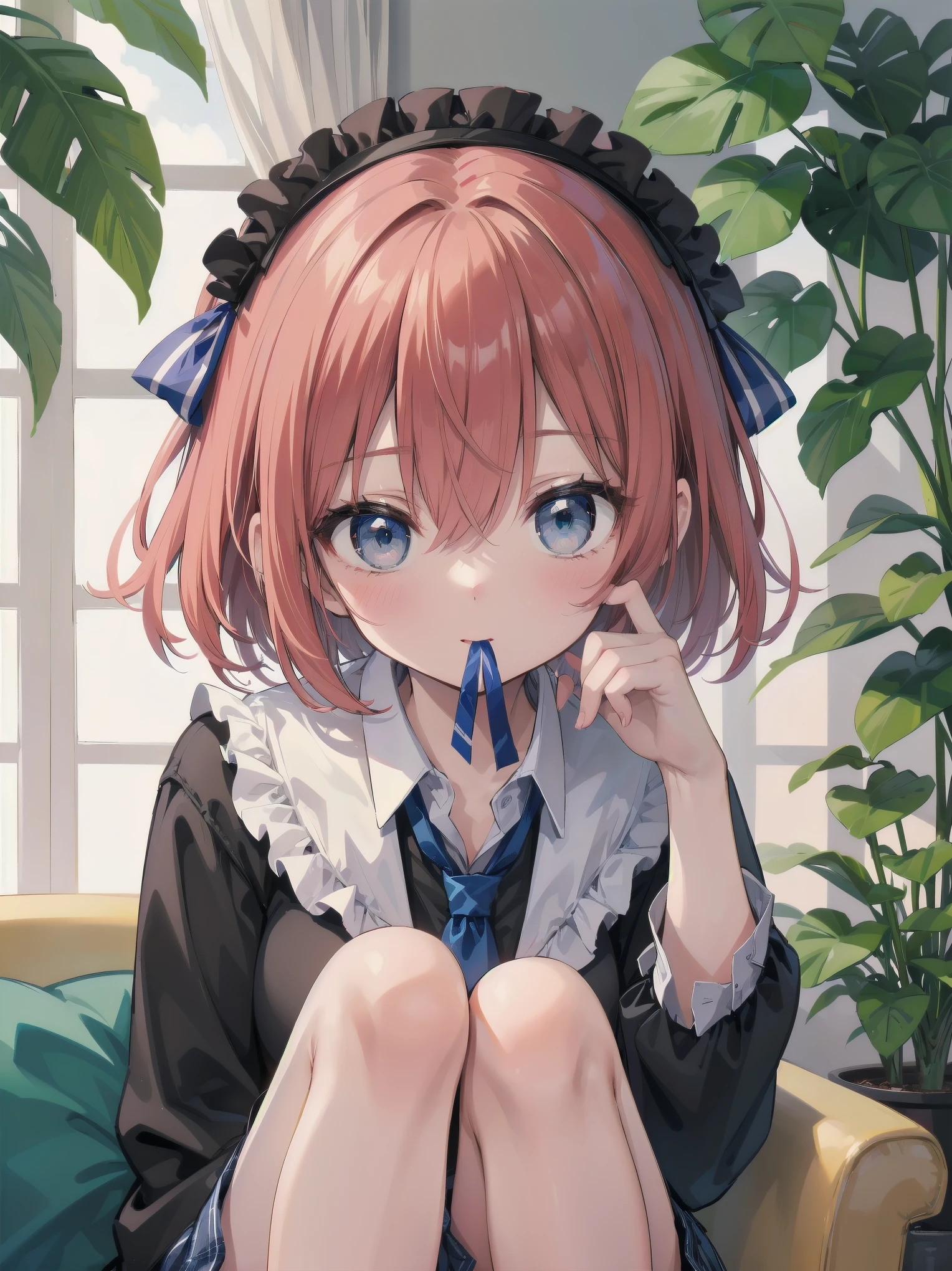 Scene Description: - Composition: Portrait. Focus on the face. Shot from the front. - Subject: Cute girl. (Chibi:1.1). Real person. - Features: - Face: (Cute round face:1.2). - Eyes: Detailed dark blue eyes. - Hair: One-leg bob-cut hair down the front with a large ribbon hairpiece, (golden hair), (red inner hair), auburn hair, hair between the eyes. - Body: Detailed slender body. Large breasts. - Clothing: Pink ruffled blouse, flares, blue ribbon tie, long ruffled sleeves, layered skirt. - Expression: happy expression. Mouth open. - Pose: head tilted back. She is looking at the viewer. - Background: living room of a trendy café. - Elements: Houseplants. Cute pastel sofa. Cute pastel curtains. Cute pastel-colored wallpaper. Time: Daytime. Lighting: (Natural light: 1.4). Art Style: Watercolor. Traditional media. Quality: Intricate details. Highly detailed. Outstanding complexity. (Masterpiece: 1.2). (Highest quality: 1.2). (Absurd absolute resolution: 1.4). Mood: Calm,
