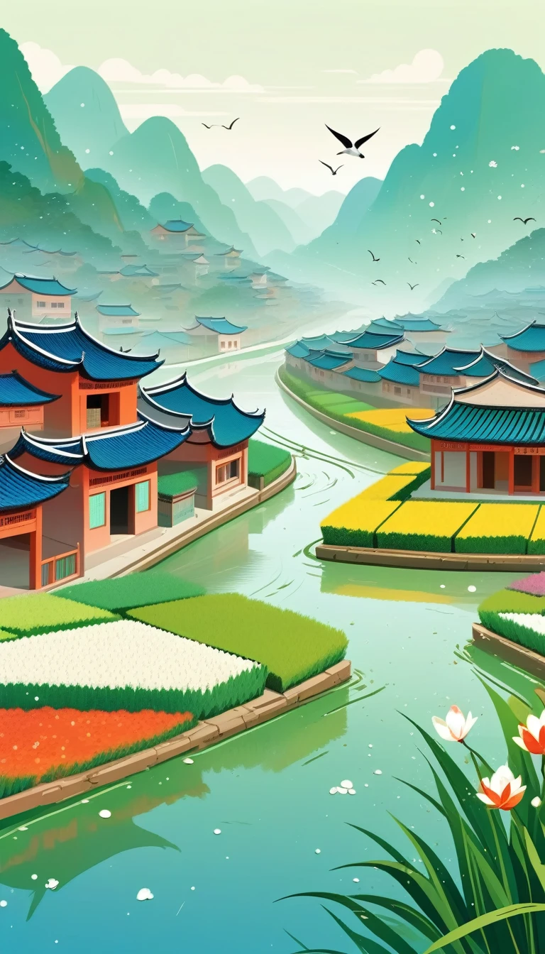 Qingming Festival Chinese countryside, plants and flowers, swallows, wicker, rice field, light rain, river, bright, spring green, bright background, blank at the top of the frame, flat illustration, Victo Ngai style,(The background at the top of the screen is blank:1.4), The style is simple, with flat illustrations and simple lines.Flat illustration in a vector art style,creating a tranquil atmosphere with soft lighting. The artwork is presented at a high resolution.(negative space:2),