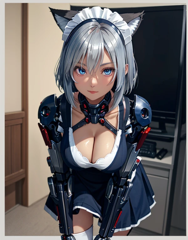 (8k, Realistic, RAW Photos, Highest quality, from directly below, View your viewers: 1.3), (Fox Girl, Fox Ears, One Girl, Alone on the screen, dark skin, High definition, (boyish, Silver color very short hair), (Silver and blue odd eyes):1.4), とてもbeautiful, (Realistic Face), (maid apron, Clothes that are mainly black with red accents, Long skirt, Clothes with an open chest, (Mechanical leg suit, mecha musume):1.5), (Body measurements: 88-55-77!, Height is 145 cm, Nice body, Big Breasts, skirt hold, slender, Accentuate the cleavage:1.6), Standing posture, A brilliance that captivates the viewer, beautiful expression, beautiful breasts, (Realistic Skin), beautiful...