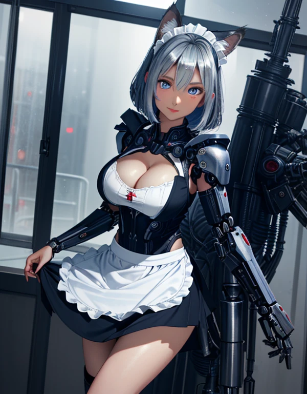 (8k, Realistic, RAW Photos, Highest quality, from directly below, View your viewers: 1.3), (Fox Girl, Fox Ears, One Girl, Alone on the screen, dark skin, High definition, (boyish, Silver color very short hair), (Silver and blue odd eyes):1.4), とてもbeautiful, (Realistic Face), (maid apron, Clothes that are mainly black with red accents, Long skirt, Clothes with an open chest, (Mechanical leg suit, mecha musume):1.5), (Body measurements: 88-55-77!, Height is 145 cm, Nice body, Big Breasts, skirt hold, slender, Accentuate the cleavage:1.6), Standing posture, A brilliance that captivates the viewer, beautiful expression, beautiful breasts, (Realistic Skin), beautiful...