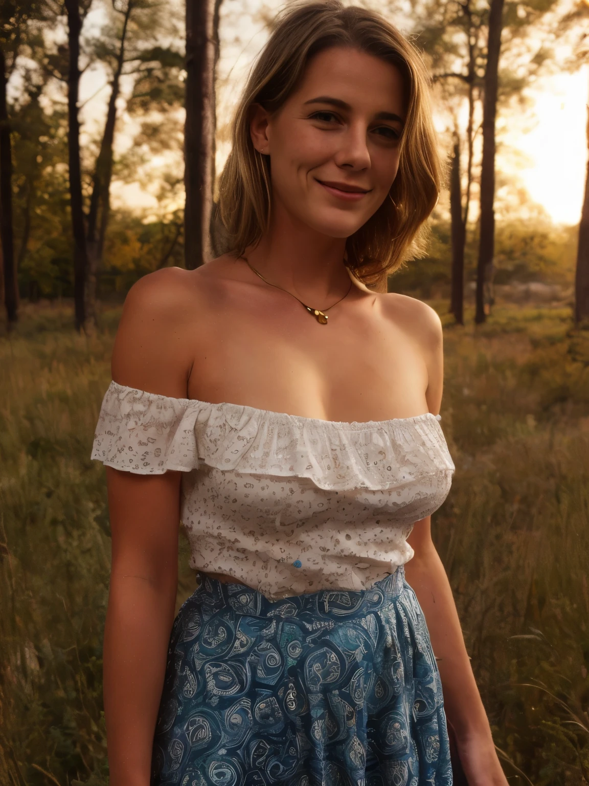 A young blond slightly smiling woman lies serenely on a lush,sunlit meadow,dressed in a stunning paisley print off-the-shoulder top and a flowing maxi skirt.The top, adorned with intricate paisley patterns in vibrant hues of teal, crimson, and gold, drapes gracefully over her shoulders, revealing her collarbones. The maxi skirt, made from a lightweight, airy fabric, flows around her with gentle movement, its subtle sways adding a touch of elegance to her pose. Her hair is styled in soft, wavy blond locks that cascade over her shoulders, with a buzz-cut at the nape of her neck contrasting against the longer waves. The natural texture of her hair catches the evening light, highlighting its rich, golden tones. Her skin is a warm tan, with realistic imperfections such as freckles and slight blemishes, which add to the authenticity of her appearance. The evening light casts a warm, golden glow across her skin, enhancing its natural beauty and bringing out the rich textures and subtle shadows. The background features a detailed, realistic depiction of a meadow, lush with greenery and dotted with wildflowers. The setting sun bathes the scene in a soft, golden light, creating a peaceful ambiance. The background is slightly blurred with a soft bokeh effect, focusing attention on the woman while adding depth to the composition. The gentle movement of the skirt and the subtle wind create a dynamic yet serene atmosphere, enhancing the natural feel of the scene. The off-the-shoulder top reveals the graceful curve of her collarbones, and she wears a delicate necklace that catches the light. Her expression is serene, with a soft smile and a calm demeanor, reflecting a moment of tranquility. The detailed background includes the lush greenery of the meadow and the setting sun, contributing to the overall peaceful ambiance of the image. The intricate patterns on her top and the flowing fabric of her skirt are rendered with rich textures, adding depth and visual interest to the scene.