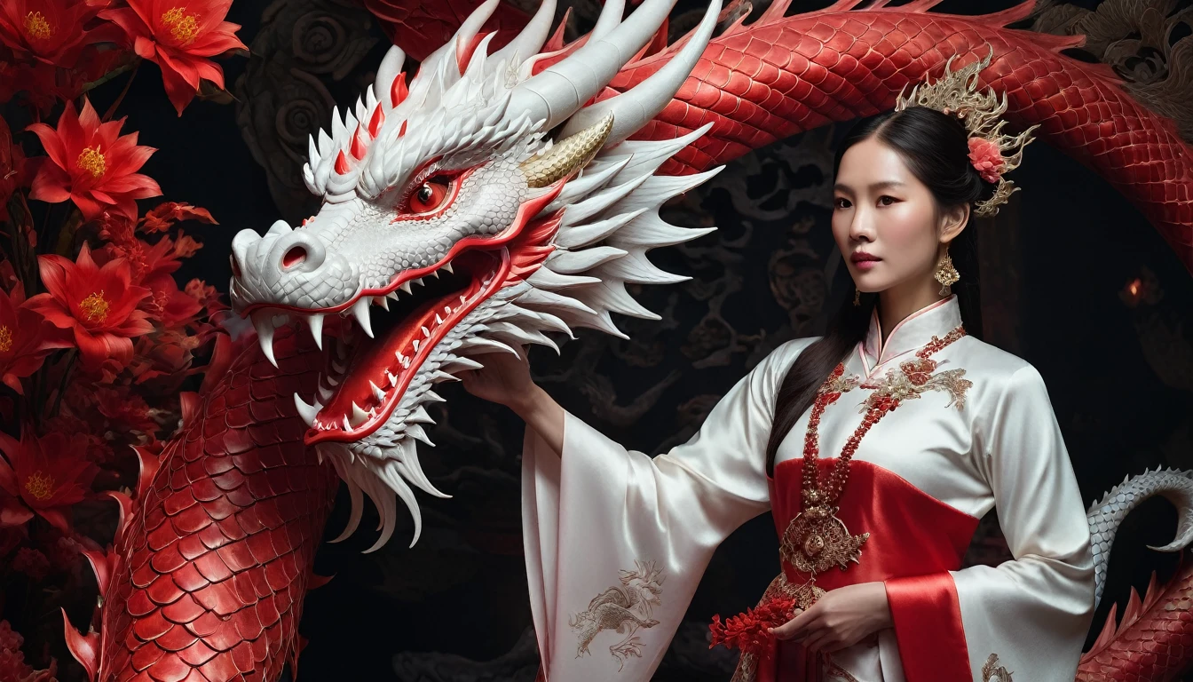 The picture is tranquil. A beautiful woman in traditional light red and white clothing stands elegantly next to a majestic red dragon and looks directly at it. The woman wears a gorgeous headdress and holds an exquisite object in her hand. The dragon envelops her with its intricate scales and fierce yet calm expression, creating a protective, harmonious bond between them. The background is dark, with subtle lighting highlighting the dragon and woman, and floating red flowers adding to the ethereal atmosphere.