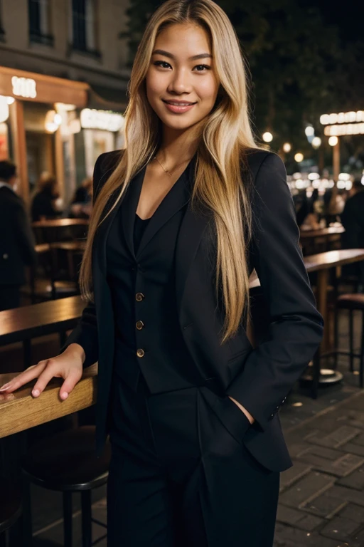 arafed instagram supermodel, biracial features, mid-length blonde hair, pale skin, perfect face, looking hot, olympian swimmer model body, tyla, jennie kim, harsh polaroid flash, vintage quality, in the night, dark background, one girl, vogue in the park millionaire homely . 2 piece suit outfit happy smiling paris cafe