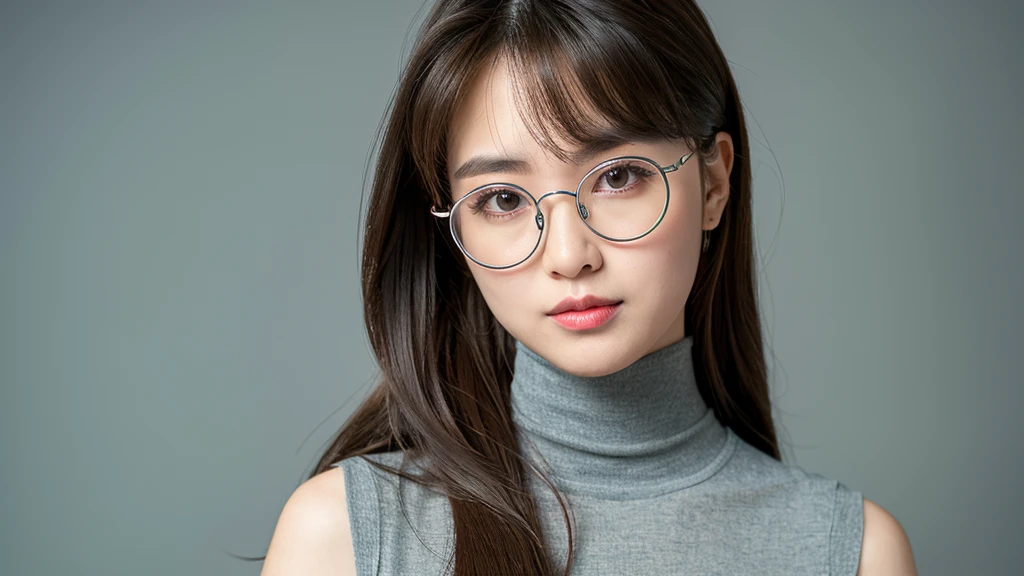 (Detailed face),vivid,Metal round glasses,chest,cute,Sleeveless and(turtleneck)White silky clothes,4K,Ultra-high resolution,（Photorealistic：1.7）,Gray background,Long Hair,