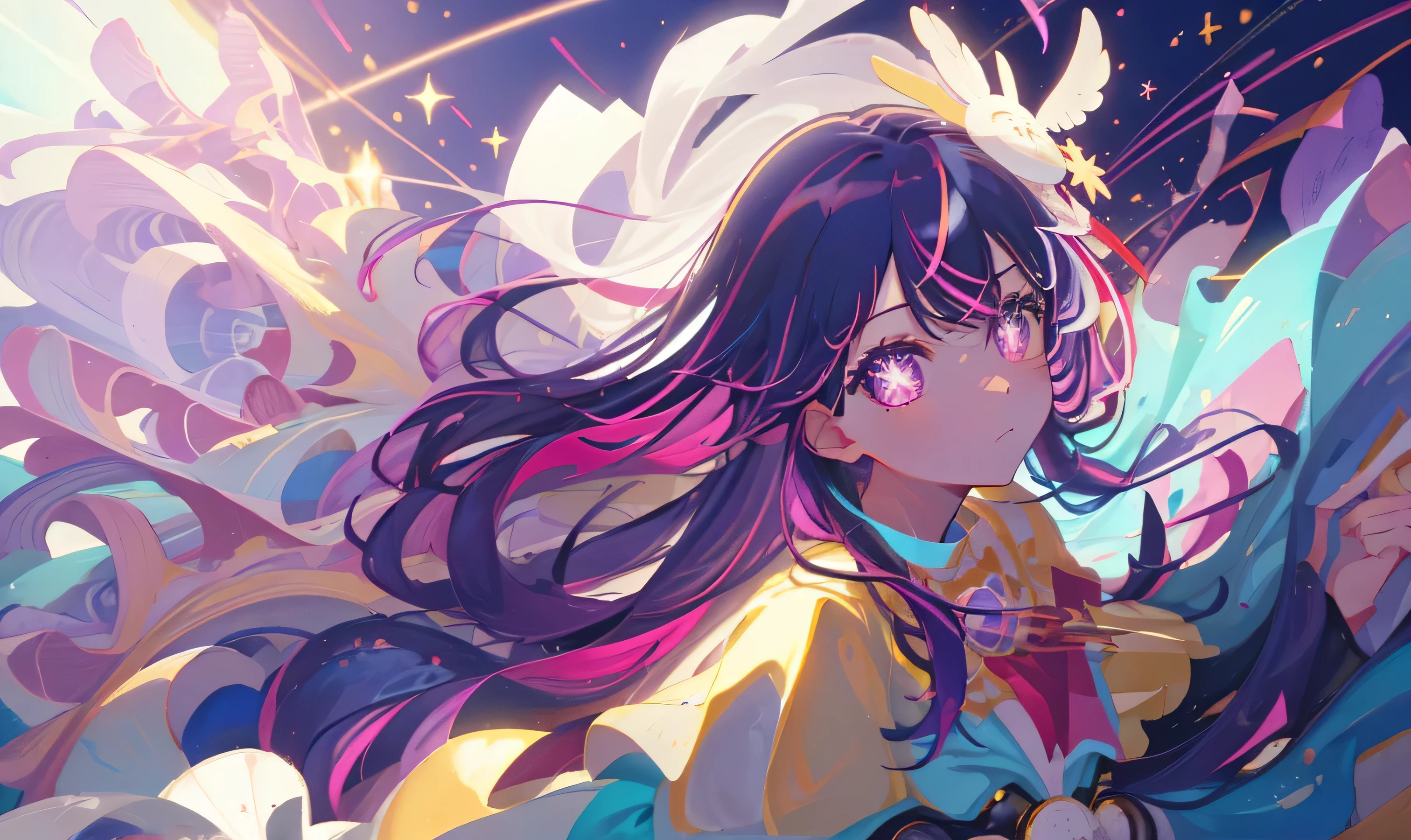 1girl, Hoshino Ai, Long hair, purple hair, Streaked Hair, violet eyes, star-shaped pupils, hair ornament, (highly detailed),(messy  hair), (illustration), (trendy clothes), stands, Model, looking at viewer, (interview), (Simple background), beautiful detail eyes, Gentle beautiful face, soaring, (high saturation), (Colorful splashes), Colorful Bubble, (radiance), facial focus, (radiance), better lighting, better shadow, (masterpiece, high quality, best Quality),