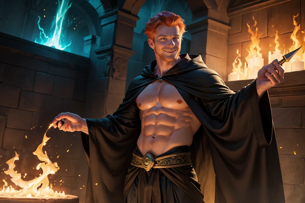 masculine, masterpiece, Hyperrealistic image of a sexy 30-year-old albino man., redhead, wearing glamorous black sorcerer robes, exposed chest, menintong, Stupid, seductive pose, magical glowing arcane sigils, a hand holds a green flame, looking directly at camera, Cheek Smile, Very detailed, intricate details, sharp focus, dynamic lighting, dynamic shadows, without watermark