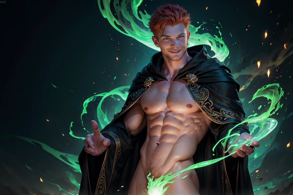 masculine, masterpiece, Hyperrealistic image of a sexy 30-year-old albino man., redhead, wearing glamorous black sorcerer robes, exposed chest, menintong, Stupid, seductive pose, magical glowing arcane sigils, a hand holds a green flame, looking directly at camera, Cheek Smile, Very detailed, intricate details, sharp focus, dynamic lighting, dynamic shadows, without watermark