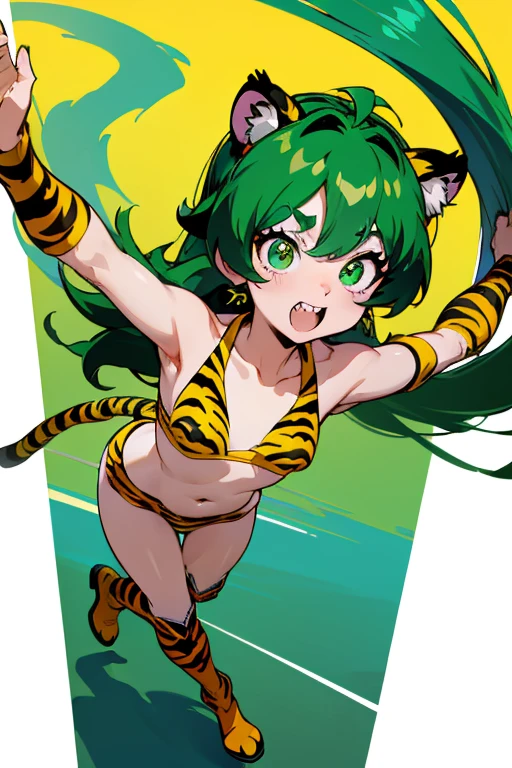 Urusei Yatsura、アグネス・Ram、bikini、(bikiniは虎柄).Small Corner、Eyeshadow Green、虎柄bikini、(It has small yellow horns on its head).Long Hair、No tiger ears needed、((Both arms、Tiger pattern arm cover)).(Tiger print boots)、Demon Horn、Drooping eyes、(8k).(Double teeth).(Green eyes).(Urusei Yatsura).(Ram)、((No tiger ears)).((Small horn)).(Glamour)、