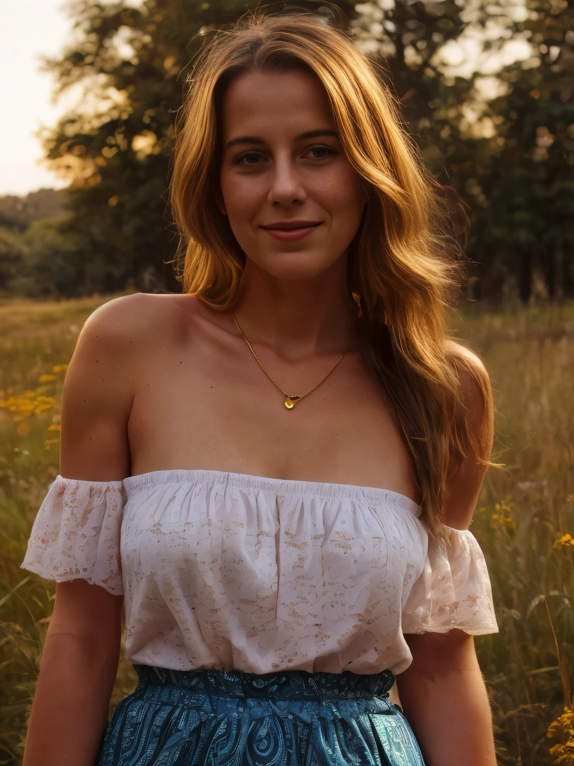 A young blond slightly smiling woman lies serenely on a lush,sunlit meadow,dressed in a stunning paisley print off-the-shoulder top and a flowing maxi skirt.The top, adorned with intricate paisley patterns in vibrant hues of teal, crimson, and gold, drapes gracefully over her shoulders, revealing her collarbones. The maxi skirt, made from a lightweight, airy fabric, flows around her with gentle movement, its subtle sways adding a touch of elegance to her pose. Her hair is styled in soft, wavy blond locks that cascade over her shoulders, with a buzz-cut at the nape of her neck contrasting against the longer waves. The natural texture of her hair catches the evening light, highlighting its rich, golden tones. Her skin is a warm tan, with realistic imperfections such as freckles and slight blemishes, which add to the authenticity of her appearance. The evening light casts a warm, golden glow across her skin, enhancing its natural beauty and bringing out the rich textures and subtle shadows. The background features a detailed, realistic depiction of a meadow, lush with greenery and dotted with wildflowers. The setting sun bathes the scene in a soft, golden light, creating a peaceful ambiance. The background is slightly blurred with a soft bokeh effect, focusing attention on the woman while adding depth to the composition. The gentle movement of the skirt and the subtle wind create a dynamic yet serene atmosphere, enhancing the natural feel of the scene. The off-the-shoulder top reveals the graceful curve of her collarbones, and she wears a delicate necklace that catches the light. Her expression is serene, with a soft smile and a calm demeanor, reflecting a moment of tranquility. The detailed background includes the lush greenery of the meadow and the setting sun, contributing to the overall peaceful ambiance of the image. The intricate patterns on her top and the flowing fabric of her skirt are rendered with rich textures, adding depth and visual interest to the scene.