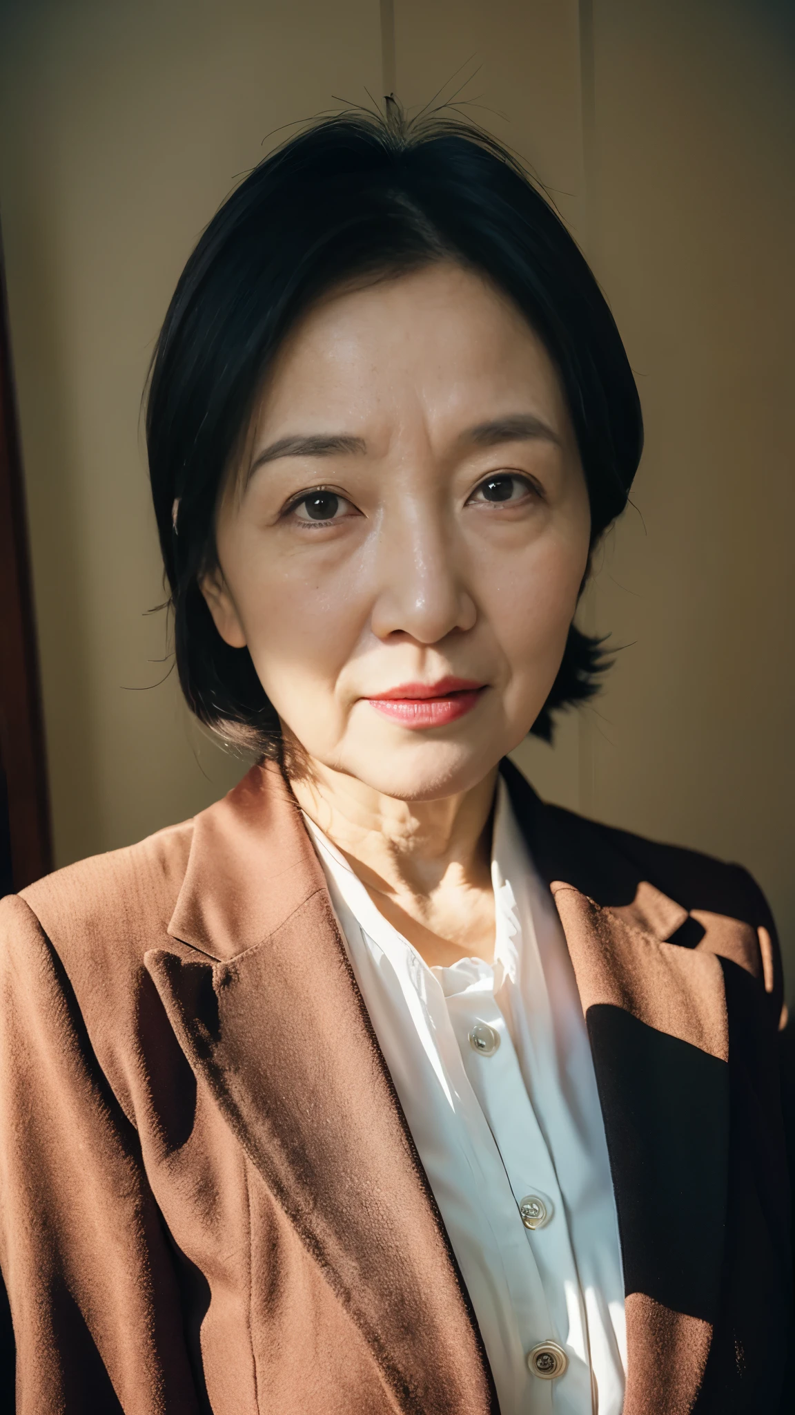 Beautiful mature woman、60-year-old woman、Photo of your ID、Red lips, Thin lips, suit、Light from the front