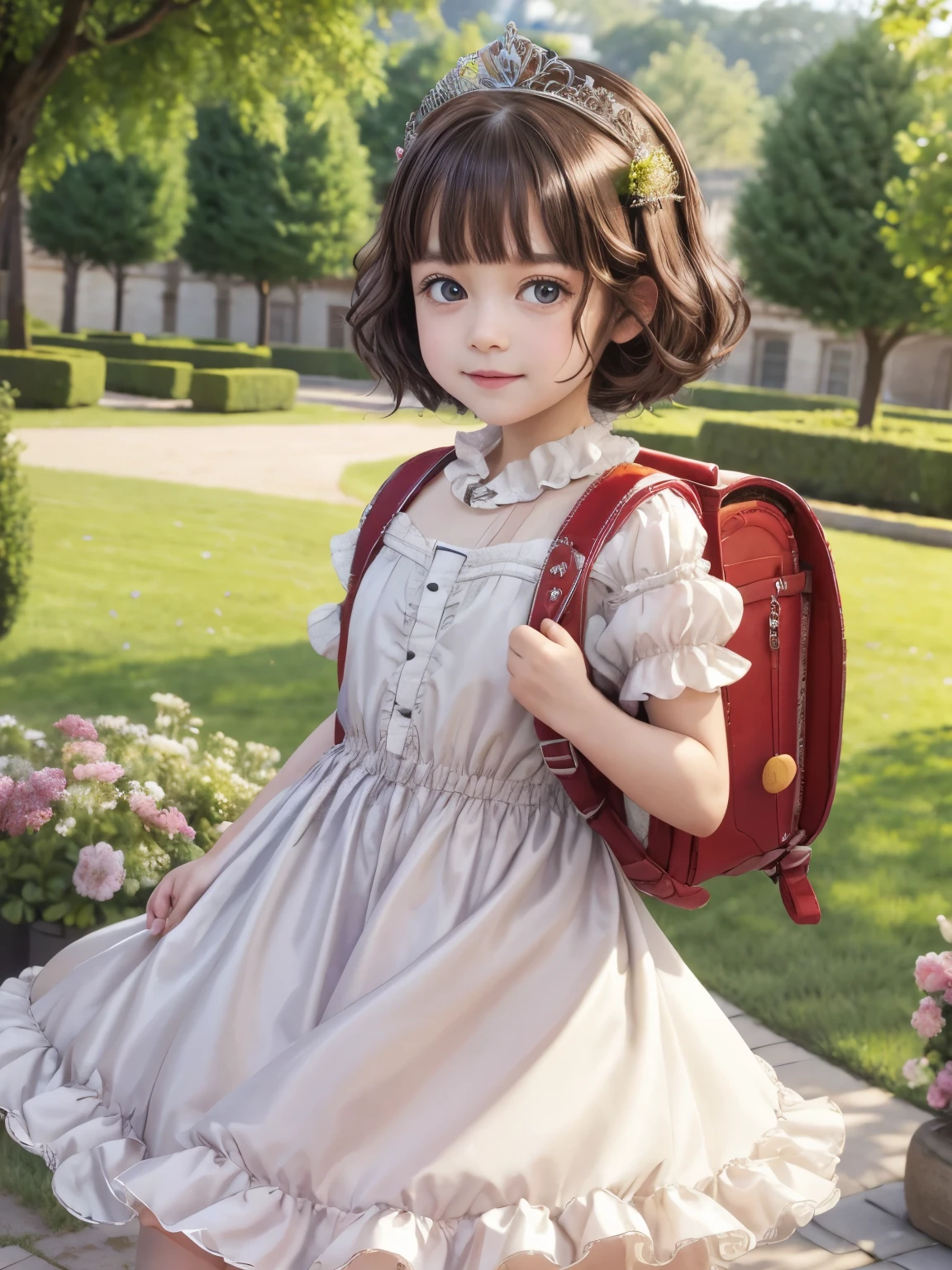 masterpiece, best quality, realistic, highres, 1girl, solo, brown hair, short hair, purple eyes, mole under eye, cowboy shot,, princess dress, princess Costume, (princess:1.2), frilled dress, tiara, castle, outdoor, garden, wearing randoseru backpack, (randoseru backpack:1.2)