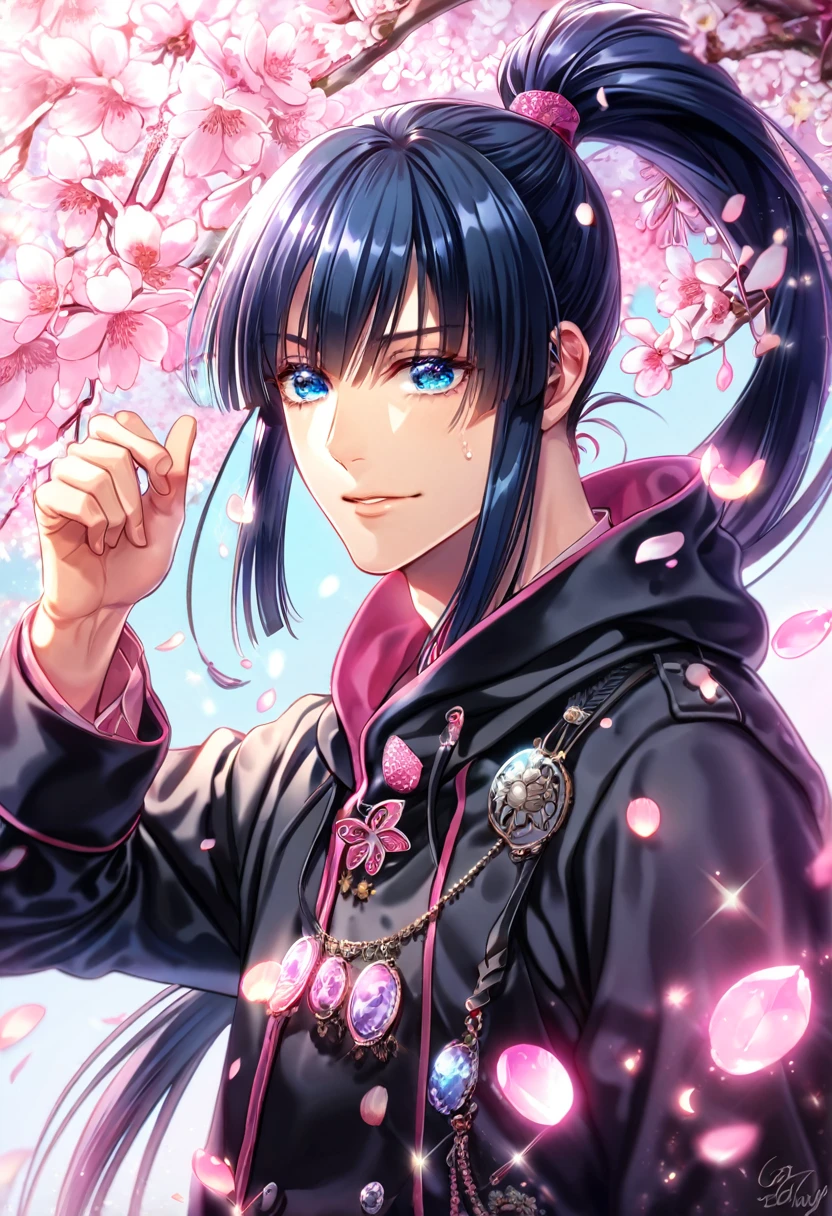 absurdres, highres, ultra detailed, HDR, master piece, best quality, extremely detailed, Kanda Yuu, dark blue hair, hair tied in a ponytail, expressive blue eyes, D.Gray-man, solo, sexy man, handsome, sensual, black coat, magical, sparkling, pink glittering fireflies, pink ice, pink ice butterflies, pink ice petals, pink ice cherry blossoms, pink crystal
