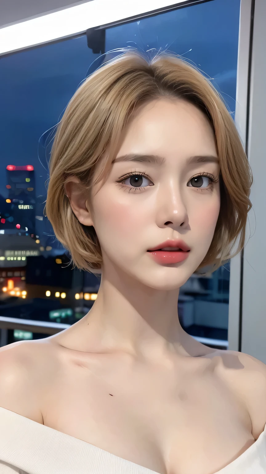 ((Night Scene, Realistic Light, Best Quality, 8k, Masterpiece: 1.3)), 1 Girl, Slim Body Beauty: 1.4, Blonde, Short Hair, (Big: 1.3), Off Shoulder Cut Top: 1.3, Ultra Detailed Face, Detailed Eyes, Double Eyelids, NYC, Times Square, Cleavage