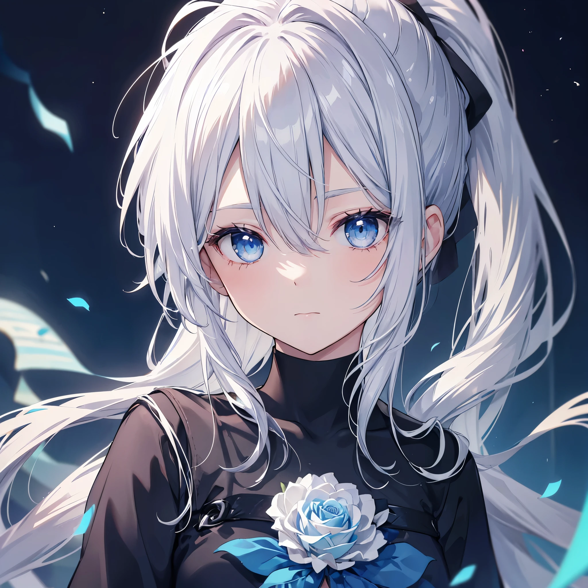 ((((Gray Hair、ponytail、Long Hair 1 person Blue eyes、Shine Pure white skin Smooth skin)))) (((Adult women、slender Kind Face Blue rose Blue and white))) ((Big Moon、night milky way)) (Shine背景 白くShine縁)