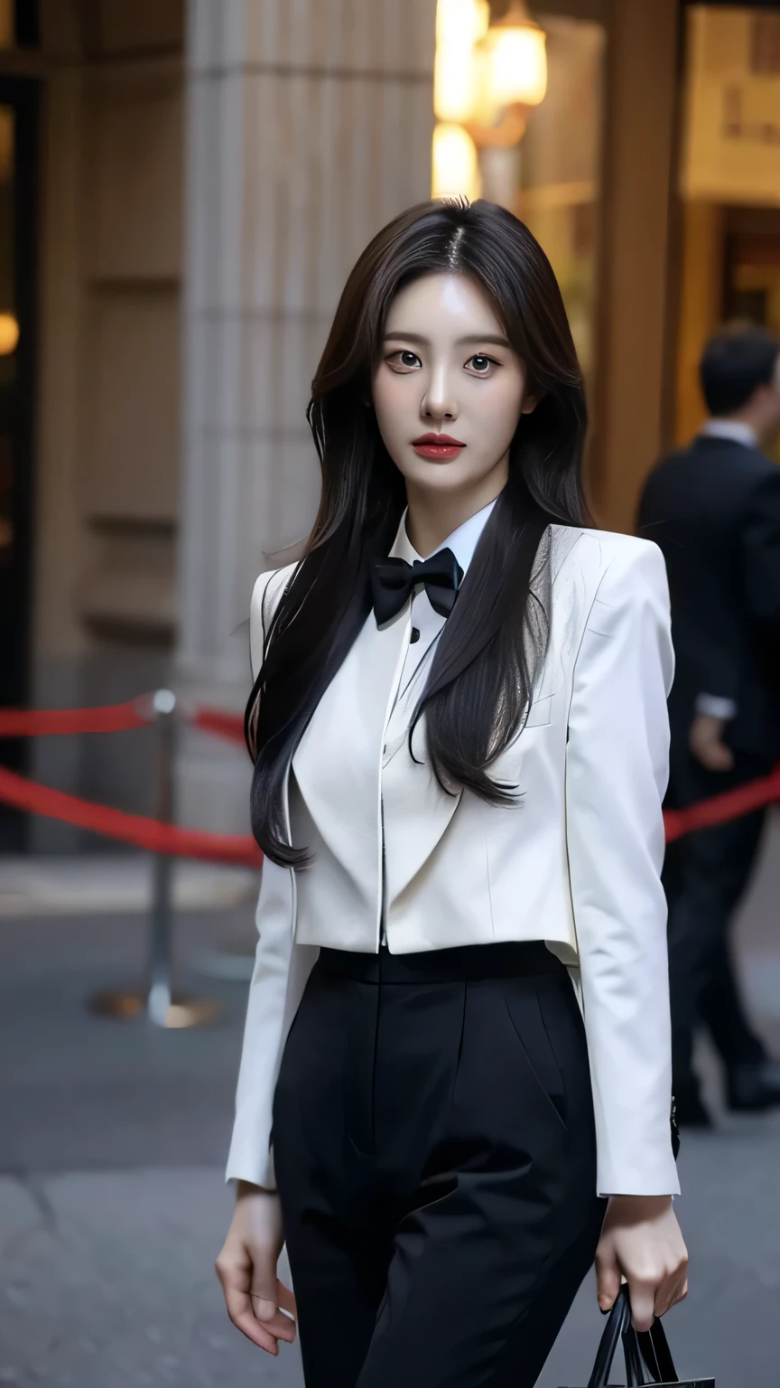 long hair, woman, suit, slender, 25 years old,