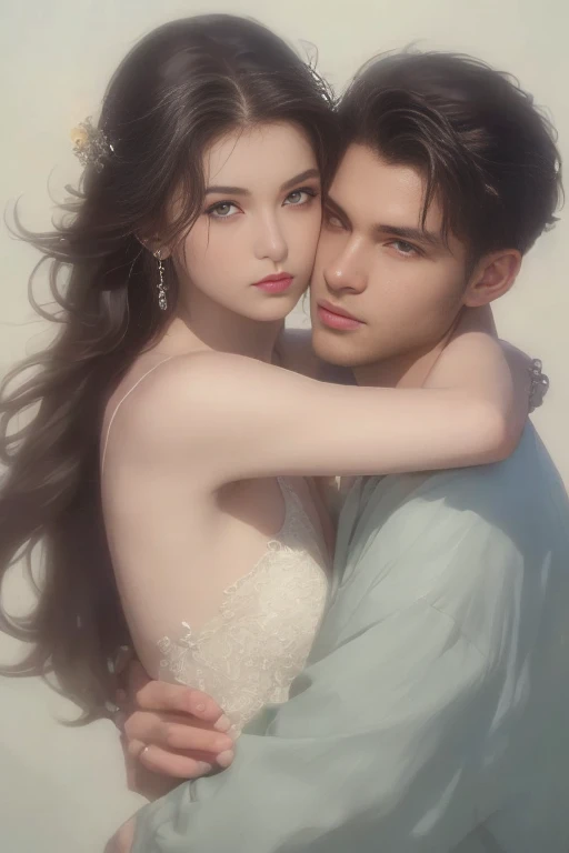 High-quality images of couples: blond man (Tall、Statue-like、Handsome and、Brave young man、Blue eyes、Curly golden hair、Wearing a grey antique military uniform) A woman with black hair (long straight black hair、Long Bangs、Blackberry eyes、A beautiful young femme fatale、naked、PRİNCESS、Hugging。They are in love with each other。Created by Boris Vallejo「Ideal Anatomy」The sketch of、It is characterized by being very detailed.。masterpiece、Detailed study of the face、Beautiful Face、Features of Beautiful Face、Perfect Image、Realistic shots、Detailed study of the face、Full body image、8k、Detailed Images、Highly detailed illustration、A true masterpiece of the highest quality、Careful drawing。Bare Skin、Gown and naked watercolor、
黒のパンティ、ヒール