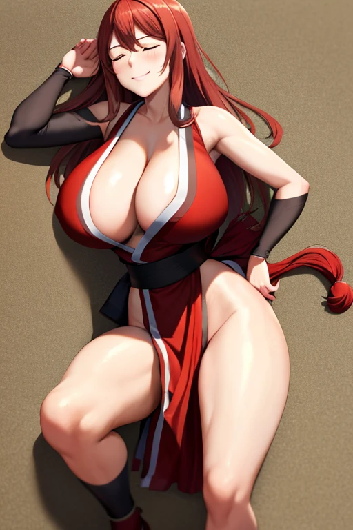 masterpiece, best quality, beautiful art, high resolution, well formed hands, body and fingers, 1 woman, solo, Maou ,adult, grown up,  cosplaying as Mai Shiranui , mai_shiranui_cosplay, adult, large and round breasted, cleavage, full body , hair ribbon, gorgeous legs and, thighs, sexy Japanese clothes, hair ornament , sexy legs , hips and thighs,ryona,in peril, she is  defeated, knocked out, passed out, closed eyes, exhausted, unconscious, laying down on the sand, extended exposed body, full body on the sand, breathing heavily, sexy smirk on her face, bouncing breasts, sexy defeated pose, defeat and  KO scene, fallen beauty, martial arts tournament with beach environment          