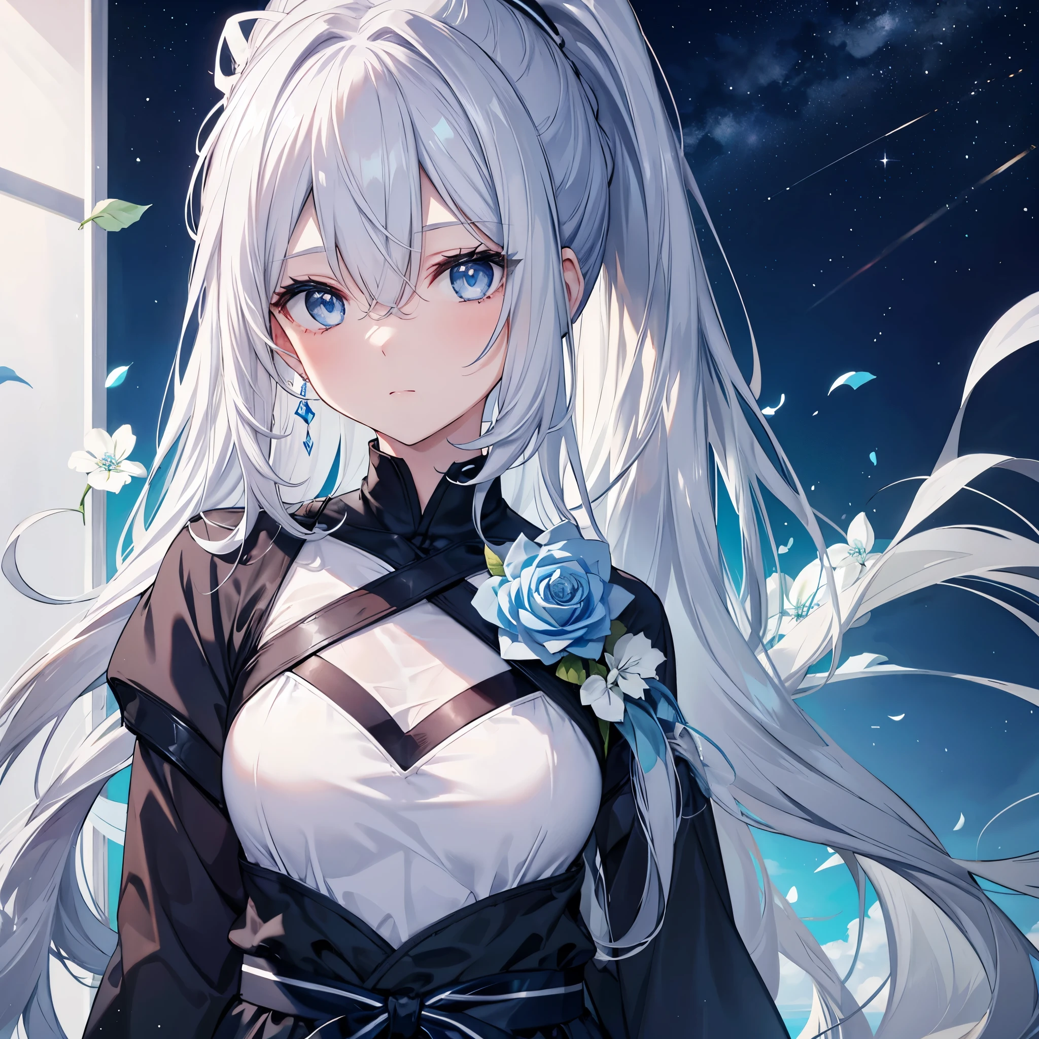 ((((Gray Hair、ponytail、Long Hair 1 person Blue eyes、Shine Pure white skin Smooth skin)))) (((Adult women、slender Kind Face Blue rose Blue and white))) ((Big Moon、night milky way)) (Shine背景 白くShine縁)
