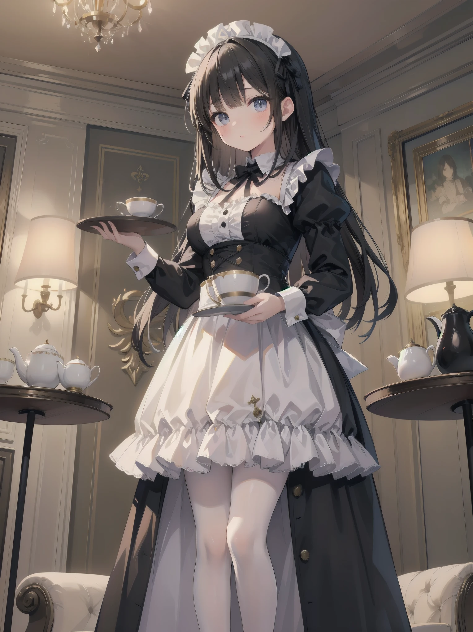 Illustration of a beautiful girl in a cute pose,(Masterpiece: 1.2), (Best quality: 1.2), A cute girl with long black hair, dressed in a classic black and white maid outfit with frilly lace and a matching headband, is standing in a beautifully decorated Victorian-style parlor. She is holding a silver tray with a teapot and teacup, her expression a mix of professionalism and warmth. The background includes ornate furniture, a chandelier, and large windows with heavy drapes, all bathed in soft afternoon light. This illustration emphasizes the elegant and welcoming atmosphere of a high-class tea service