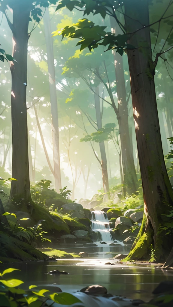 "Generate an image of a serene morning in a forest. The scene should include birds chirping in the trees, the gentle rustling of leaves, and a babbling brook flowing through the background. The sunlight filters through the canopy, casting soft, dappled light on the forest floor, creating a peaceful and natural ambiance."