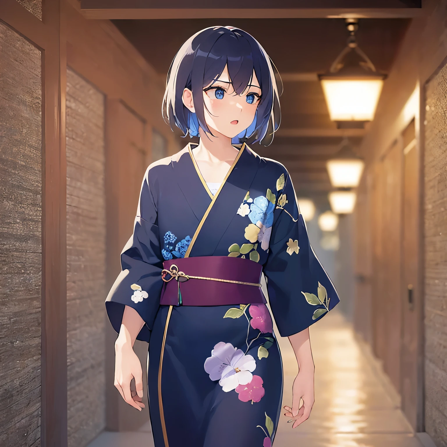 (25-year-old male:1.5) and(Black short hair) and (blue eyes), profile, (looking away:1.5), upper body、
masterpiece、Highest quality、
blue yukata,worried,open mouth,The background is a Japanese-style corridor at night、Walking(alone:1.5)