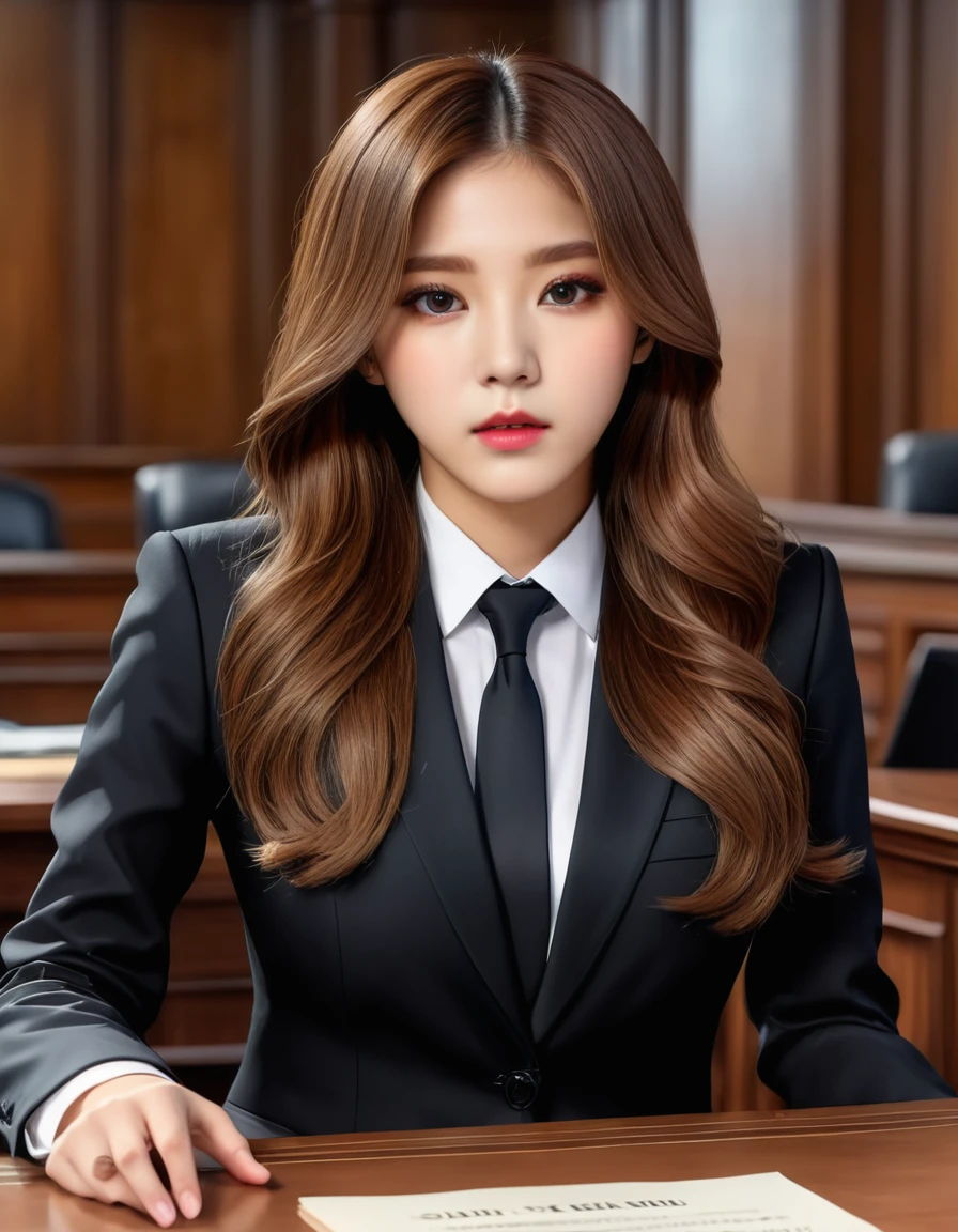 Lawyer, legal courtroom, (masterpiece:1.3), best quality, high quality, ultra high res, hyper detailed, absurdres, absolutely resolution, detailed details, photorealistic, (illustration:0.7), 4K, extremely fine, BREAK, 1 girl, K-POP idol, good anatomy, detailed hair, long hair, detailed face and eyes, black eyes, detailed lips, black suits, standing behind a desk, the way the lawyer is speaking out, BREAK, (ultra wide angle:1.3), cinematic landscape, cinematic lighting, detailed background, courtroom Audience,