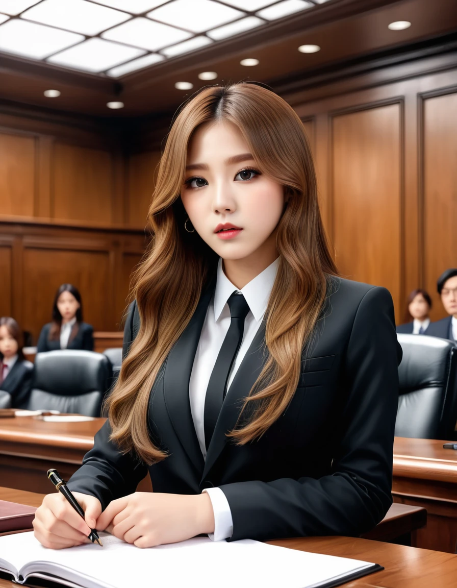 Lawyer, legal courtroom, (masterpiece:1.3), best quality, high quality, ultra high res, hyper detailed, absurdres, absolutely resolution, detailed details, photorealistic, (illustration:0.7), 4K, extremely fine, BREAK, 1 girl, K-POP idol, good anatomy, detailed hair, long hair, detailed face and eyes, black eyes, detailed lips, black suits, standing behind a desk, the way the lawyer is speaking out, BREAK, (ultra wide angle:1.3), cinematic landscape, cinematic lighting, detailed background, courtroom Audience,