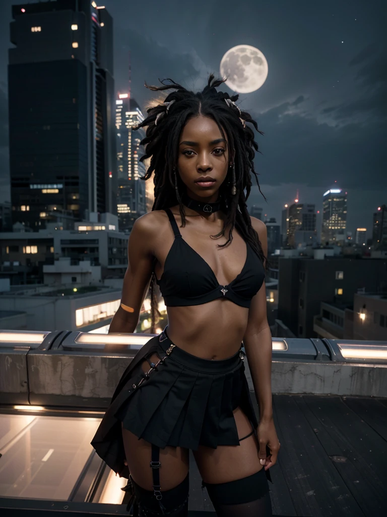 8k, RAW photo, best quality, ultra high resolution, photorealistic, realistic photo of skinny ebony girl fitness model, (ciara harris), (skinny ebony girl, 20 years old girl, most beautiful ebony girl in the world, slim face, dark skin, black hair, (dreadlocks hair), ((dreadlocks))), on the roof top at night, roof top of the scyscraper, (panoramic view of the futuristic city on the background), at night, stars, bright moon light, (full body picture), (photo from the side), ((seductively standing pose)), (wearing: (black collar, black bra, black pleated skirt, black thigh highs)), ((looking at viewer)), fierce look, seductive, High Detail, Sharp focus, (bright light)