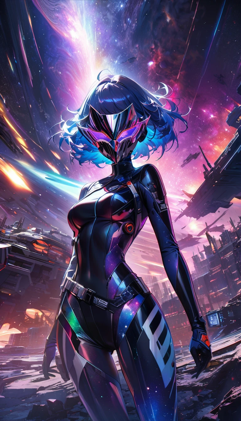 beautiful space squadron girl, beautiful face hidden behind a cool, flashy metal-plated mask, covered in tattoos, great proportion, tight fitting combat uniform, background destroyed space city, galaxy, iridescent cosmic rays, 2.5D, delicate and dynamic, art