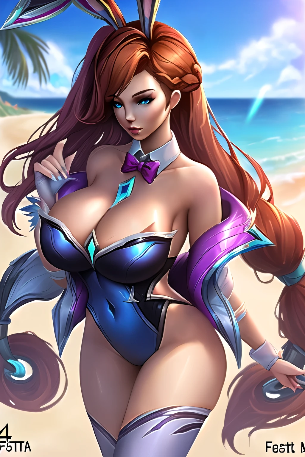 ((4K,work of art, best qualityer)), 1womanl, (miss fortune league of legends), (miss fortune battle bunny), russet hair, defined body, blue colored eyes, (Festa na praia), swimsuit wear, voluminous breasts, big-ass