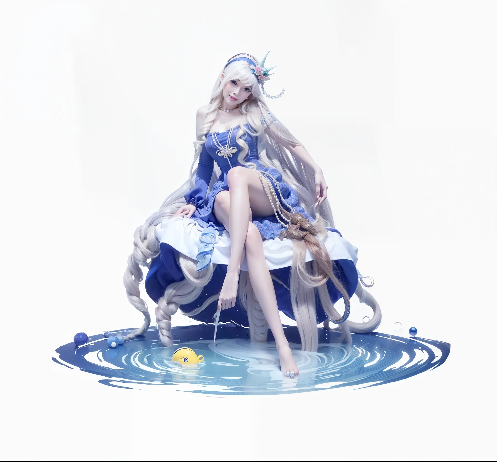 a woman with long curly white hair, beautiful detailed eyes, beautiful detailed lips, smiling expression, wearing a flowing blue dress with pearl accessories,  queen of the sea, realistic, Wearing a fish horn headband, makeup, sitting style